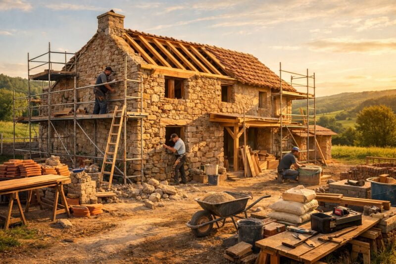 Renoviranje stare kamene seoske kuće sa skelama, majstorima koji rade na fasadi i okolnim zelenim brežuljcima u pozadini tokom zlatnog popodnevnog svetla