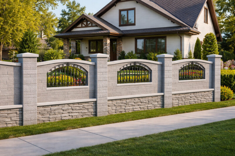 Betonska ograda sa dekorativnim metalnim elementima ispred moderne porodične kuće
