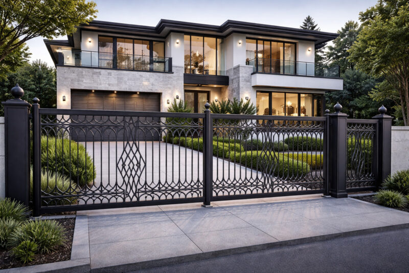 Moderna metalna kovana ograda ispred velike savremene kuće sa minimalističkim dizajnom i uređenim dvorištem
