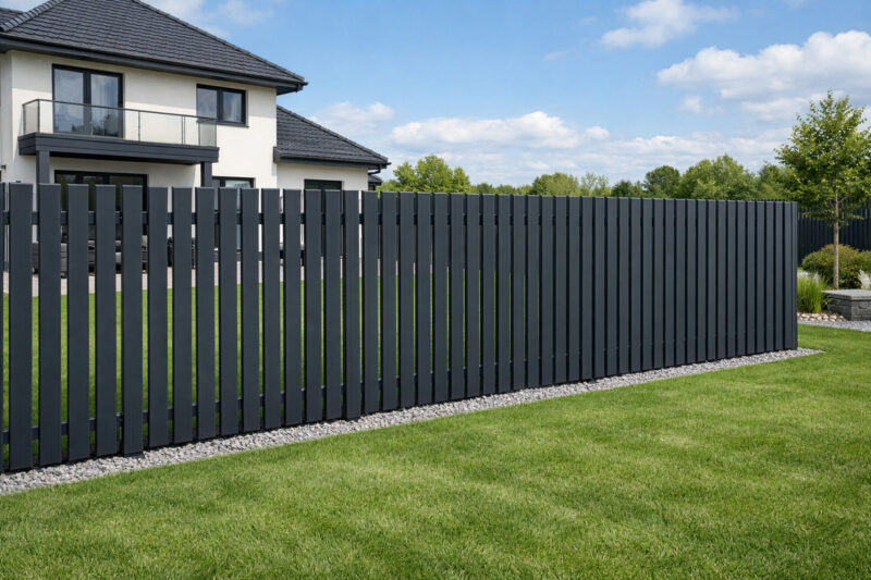 PVC antracit siva ograda sa uspravnim pravilno raspoređenim letvicama u velikom dvorištu ispred moderne kuće