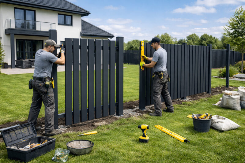 Proces montaže PVC ograde ispred kuće sa postavljanjem stubova i nivelisanjem ograde