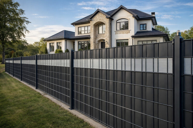 Žičana panelna ograda sa ispunom postavljena ispred moderne porodične kuće sa uređenim dvorištem