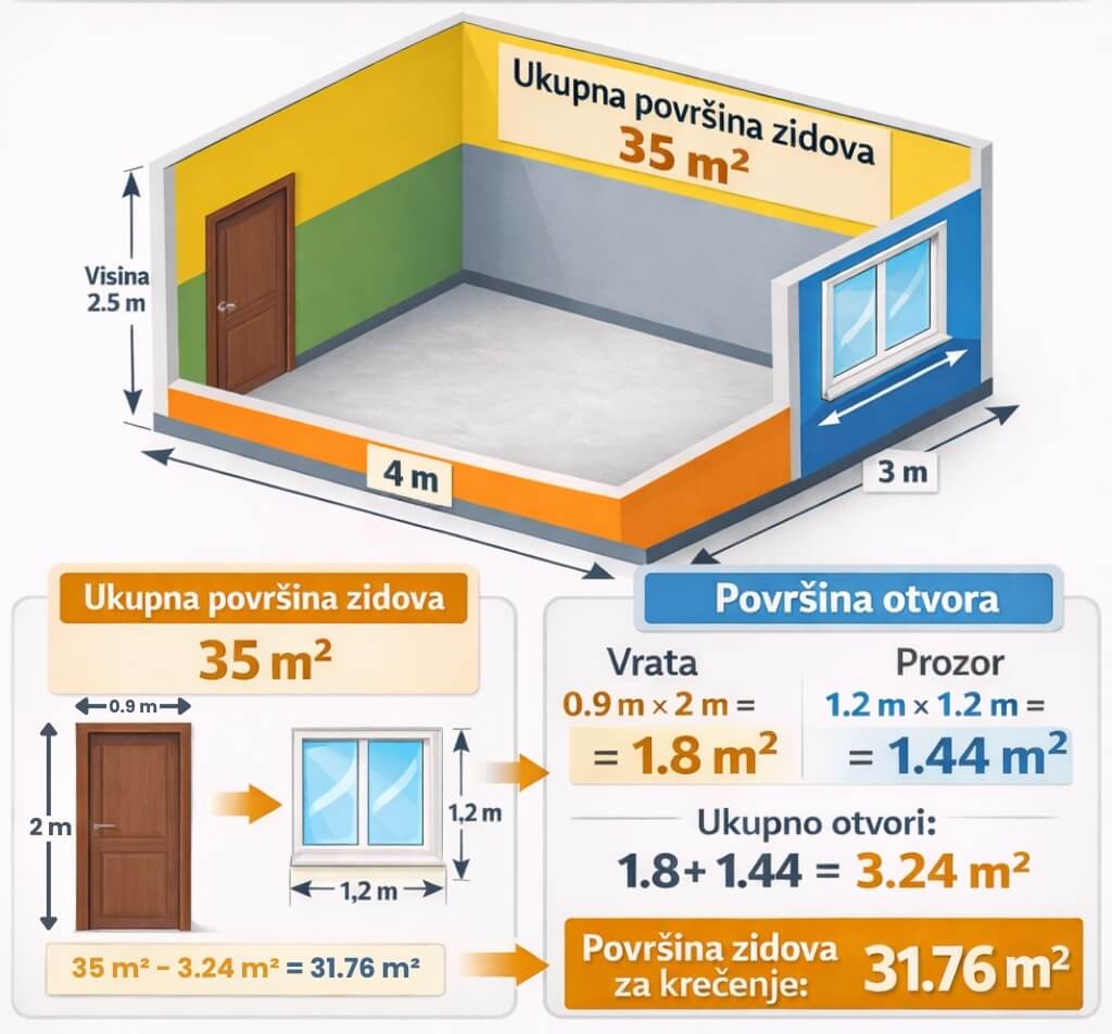 Ilustracija sobe sa vratima i prozor kao otvorima koje treba oduzeti od ukupne površine za krečenje