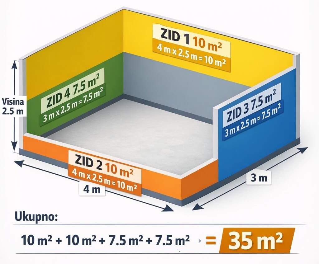 Ilustracija sobe dimenzija 4x3m i visine 2.5m, i proračun površine zidova.