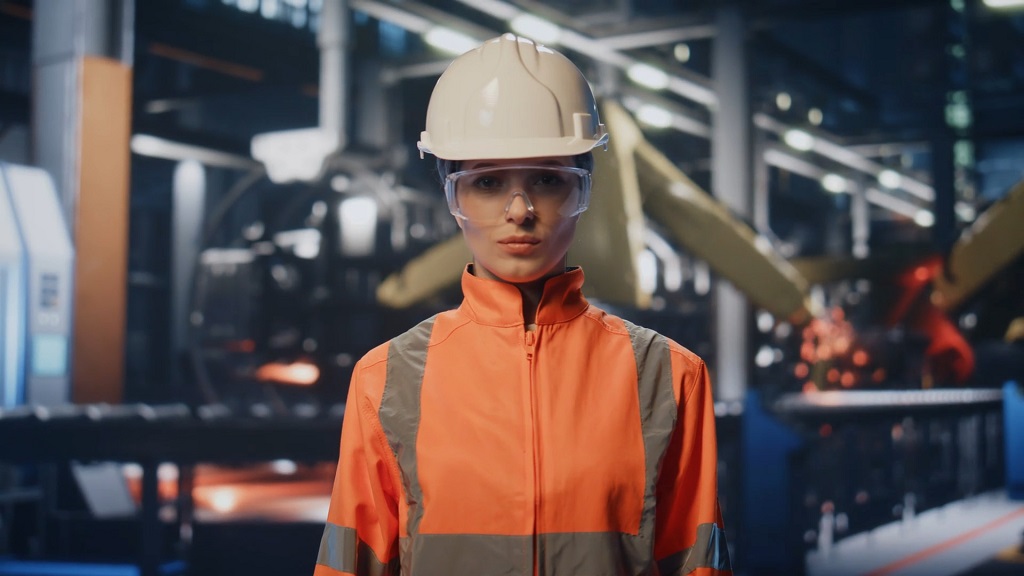 Radnica sa zaštitnom opremom u industrijskom pogonu